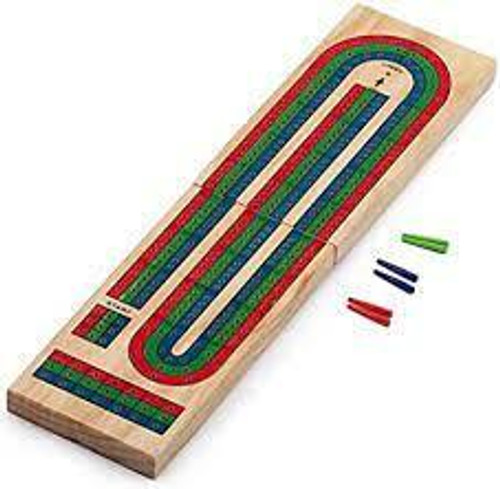 Wood Expressions Classic Cribbage Set Solid Wood TriColor Blue, Green, Red Continuous 3 Track Board with Metal Pegs